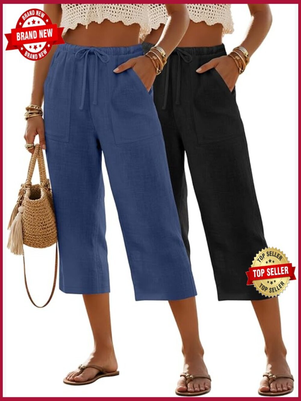 Wide Leg Linen Capri Pants with Drawstring - 2 Pack